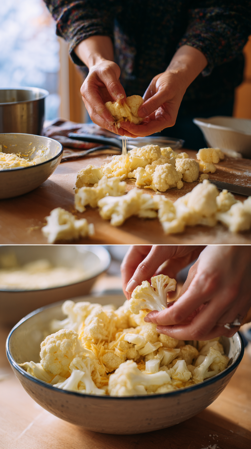Preparing Keto Cauliflower Mac and Cheese step by step cooking process