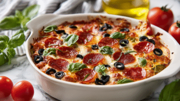 Hero shot of Keto Pizza Casserole with melted cheese and pepperoni