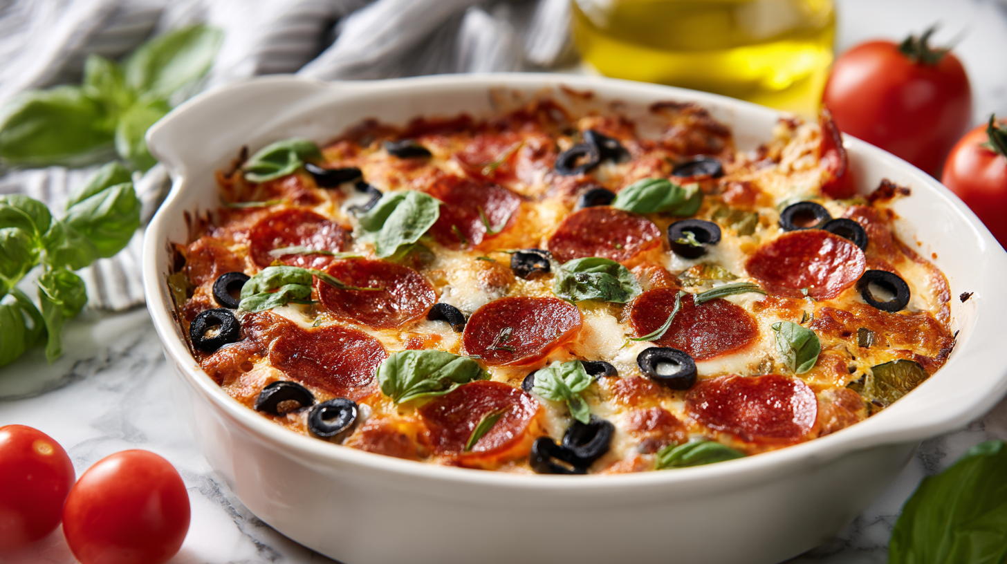 Hero shot of Keto Pizza Casserole with melted cheese and pepperoni