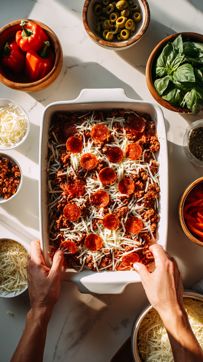 Preparing Keto Pizza Casserole step by step cooking process