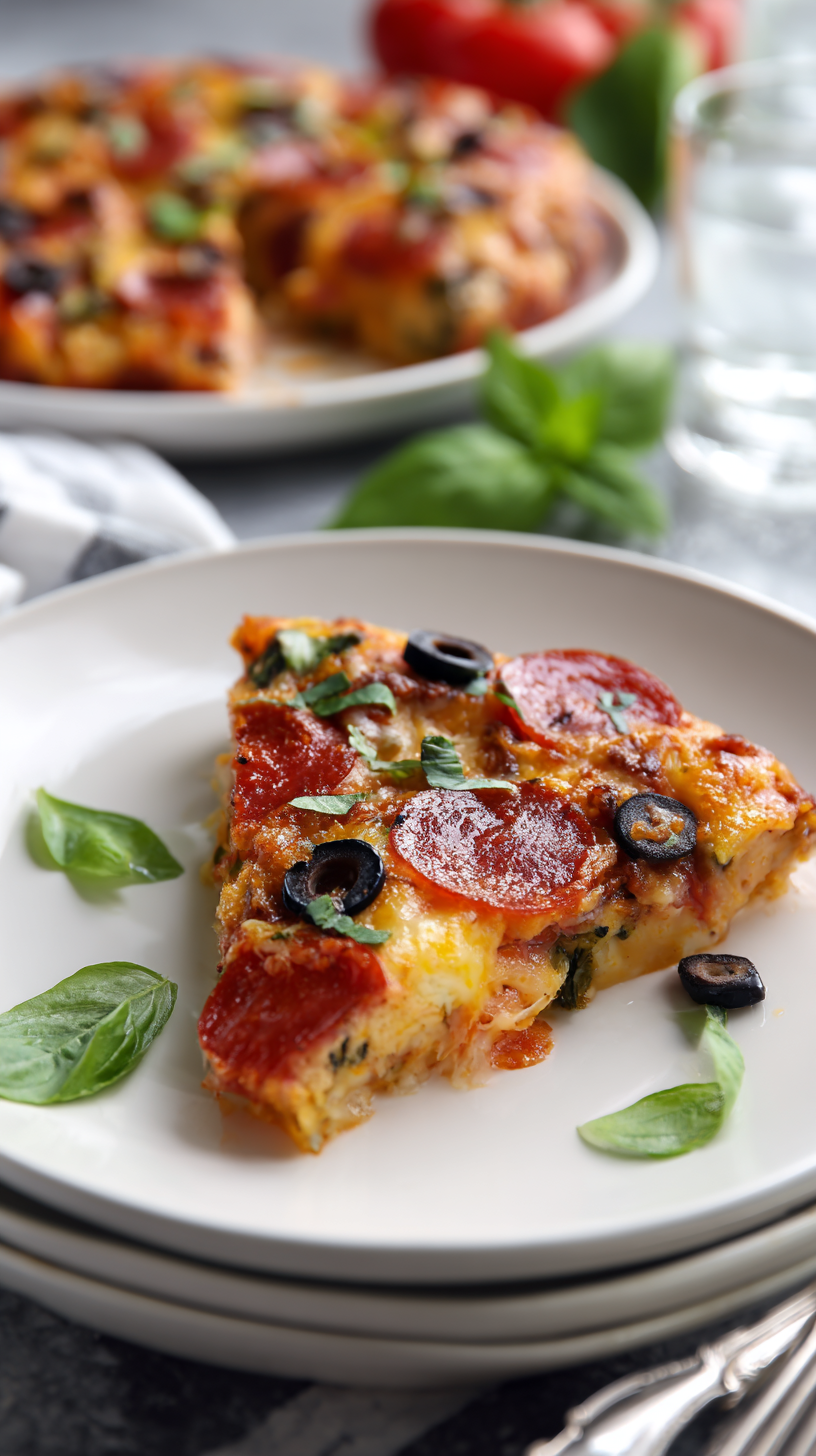Keto Pizza Casserole being served on beautiful dinnerware