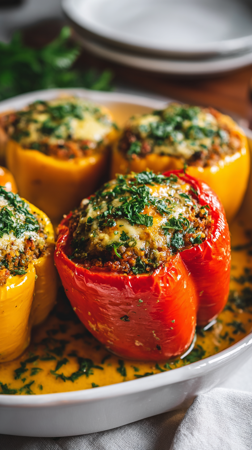 Low Carb Stuffed Bell being served on beautiful dinnerware