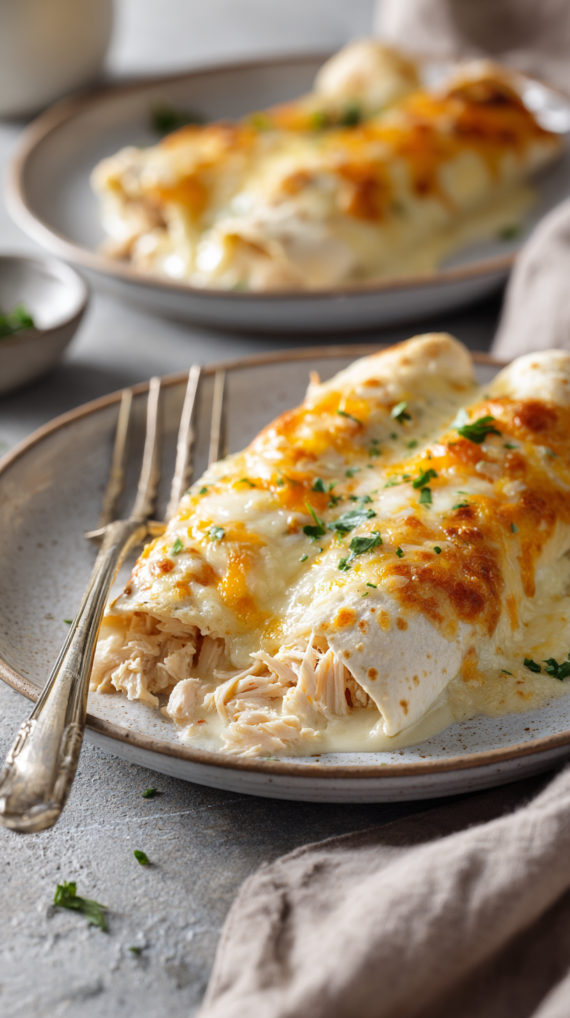 Low-Carb White Chicken Enchiladas being served on beautiful dinnerware