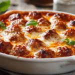 Meatball Parmesan Casserole (Keto) hero shot of the finished dish