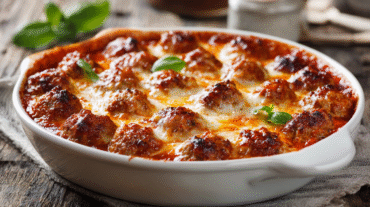 Meatball Parmesan Casserole (Keto) hero shot of the finished dish