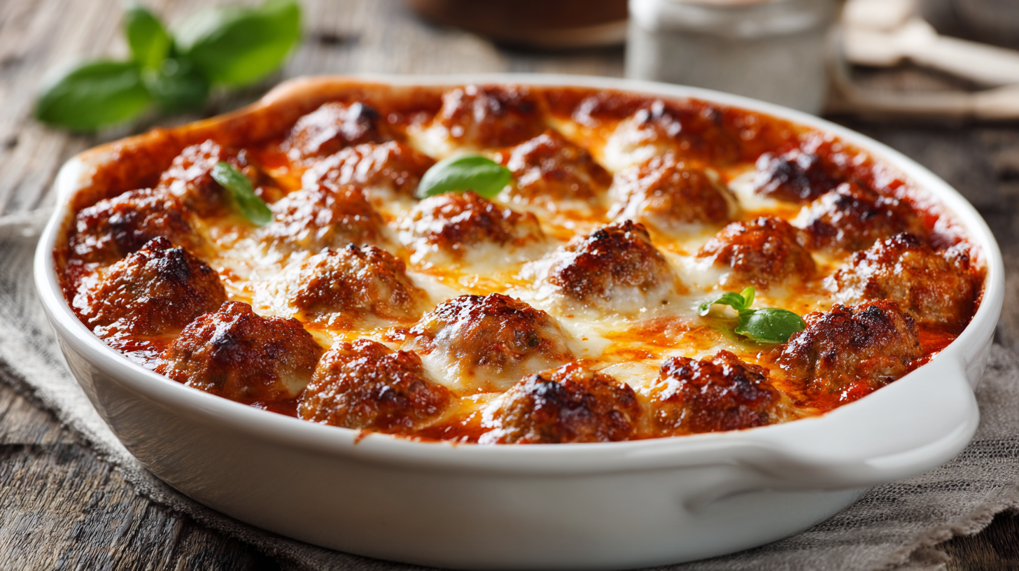 Meatball Parmesan Casserole (Keto) hero shot of the finished dish