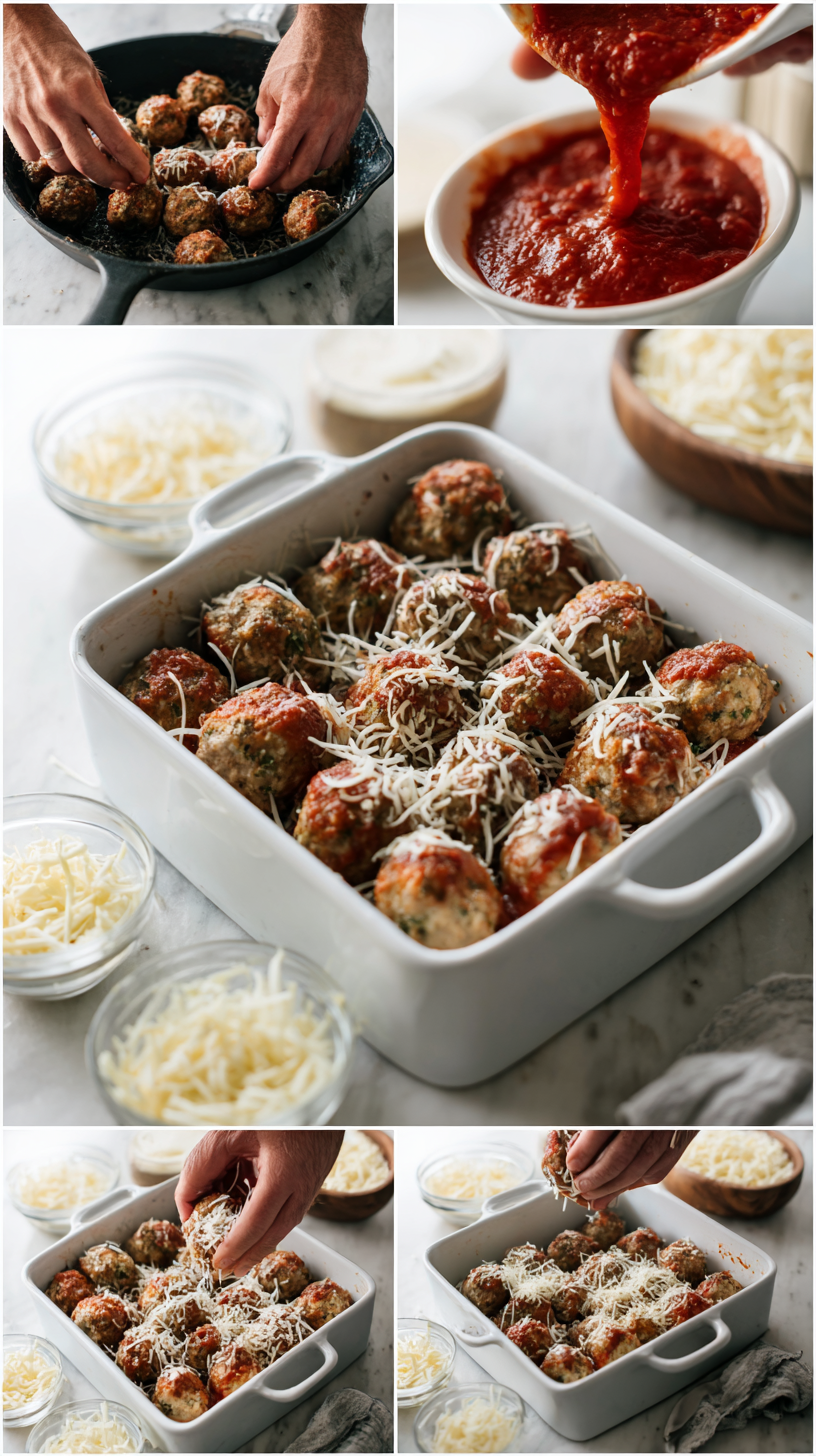 Meatball Parmesan Casserole (Keto) being served on beautiful dinnerware