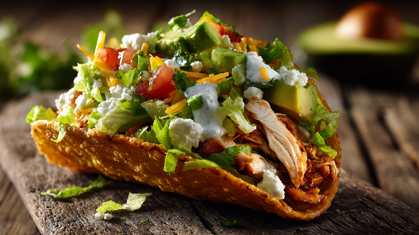 Naked Chicken Chalupa (Keto) hero shot with crispy chicken shell and toppings