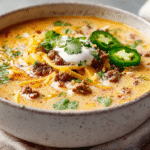 Queso Keto Taco Soup hero shot with cheese and jalapeños