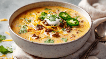 Queso Keto Taco Soup hero shot with cheese and jalapeños