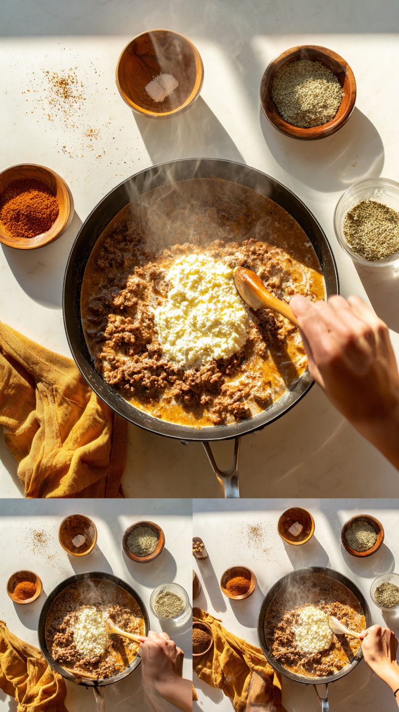 Preparing Queso Keto Taco Soup step by step cooking process
