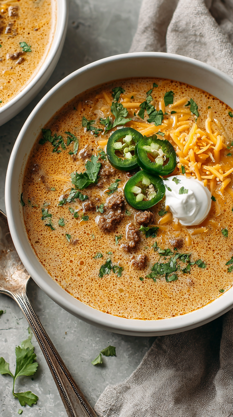 Queso Keto Taco Soup being served on beautiful dinnerware