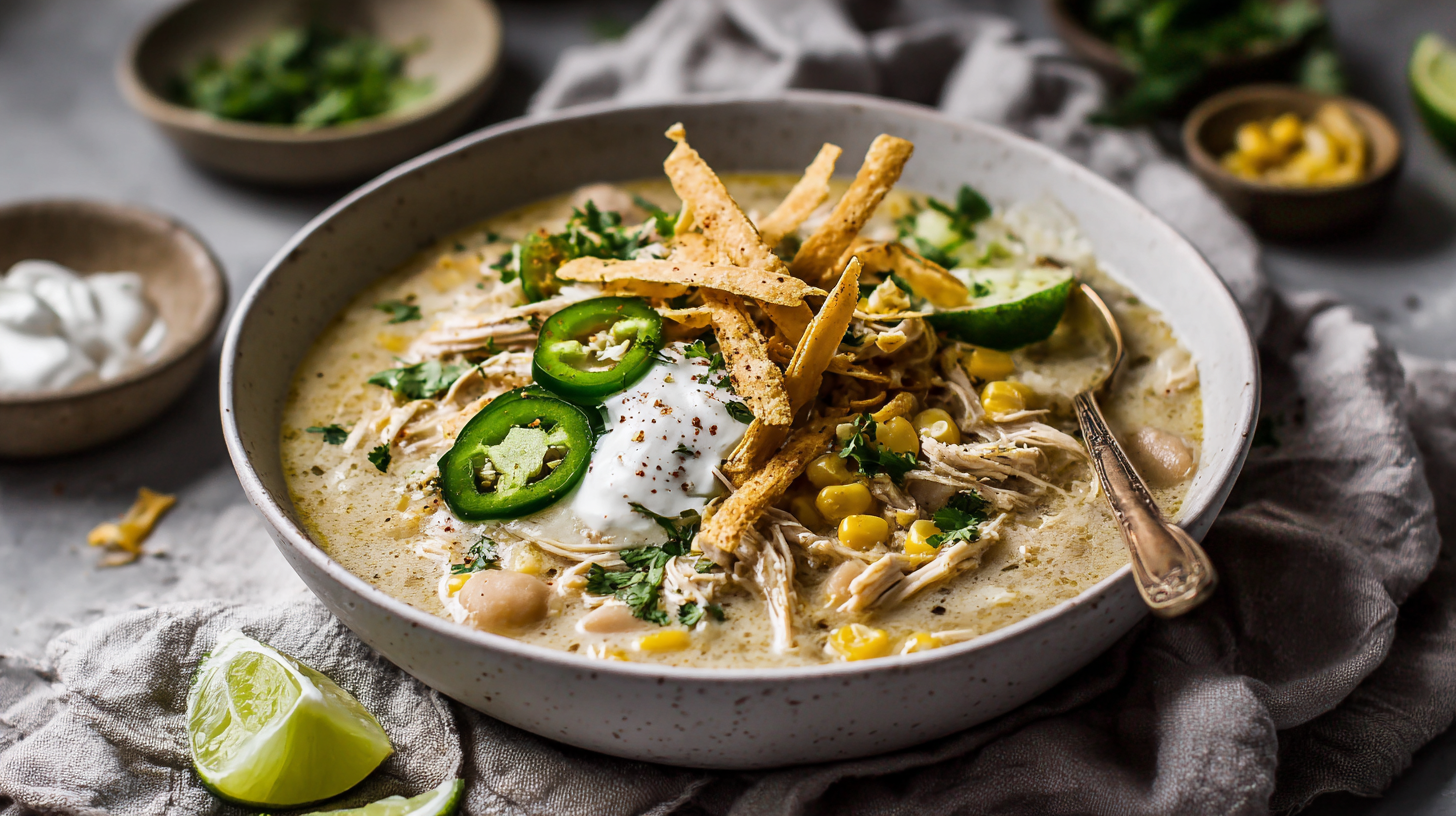 White Chicken Chili (Crockpot) hero shot with garnishes
