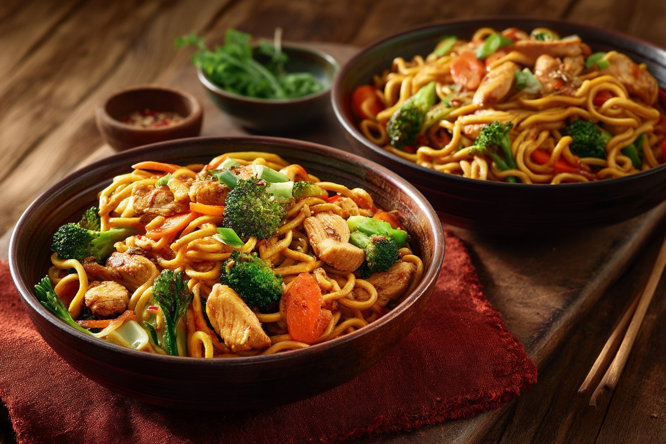 Spicy Garlic Chicken and Broccoli Noodle Bowls Delight You! featured