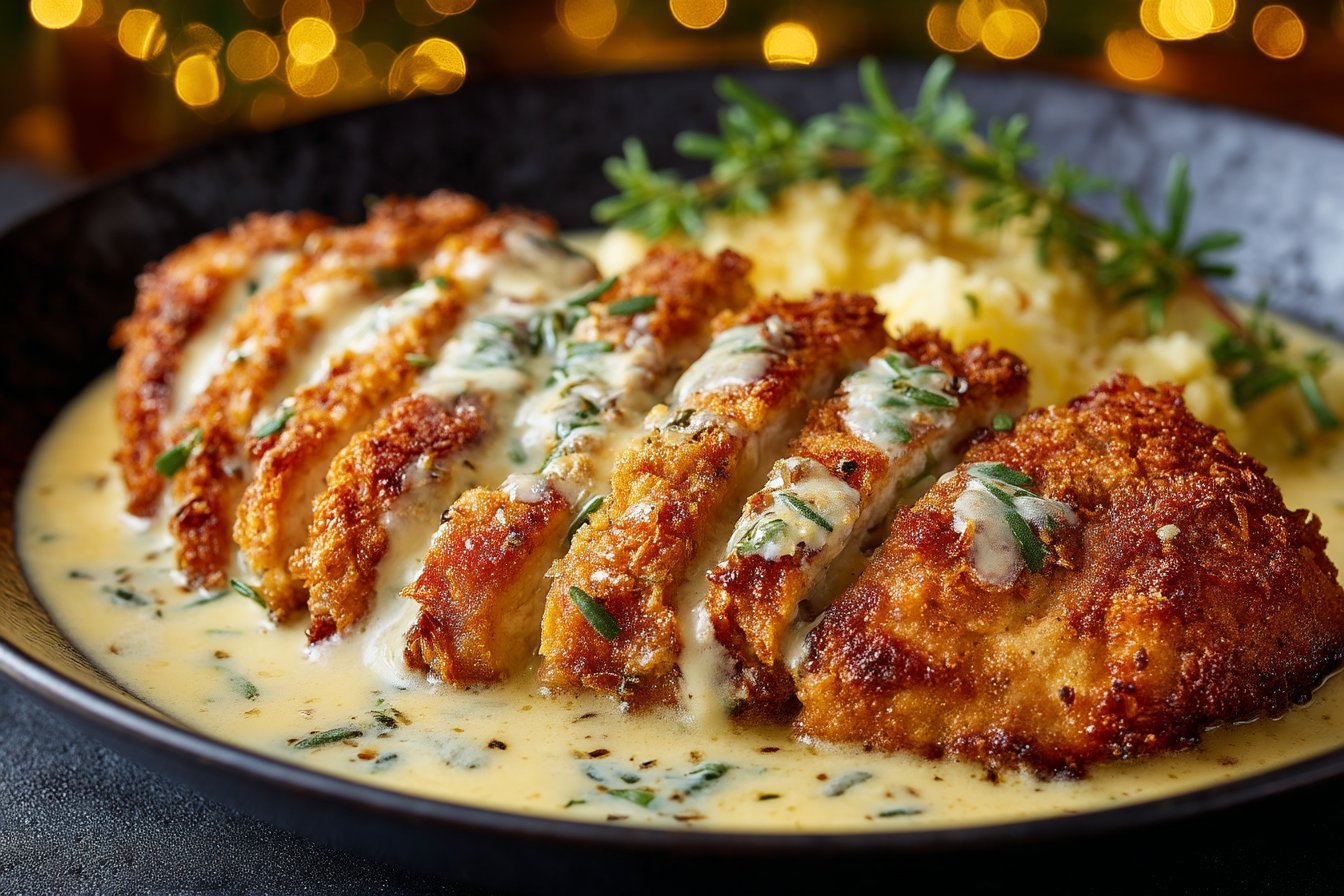Crispy Parmesan Chicken with Garlic Cream Sauce featured