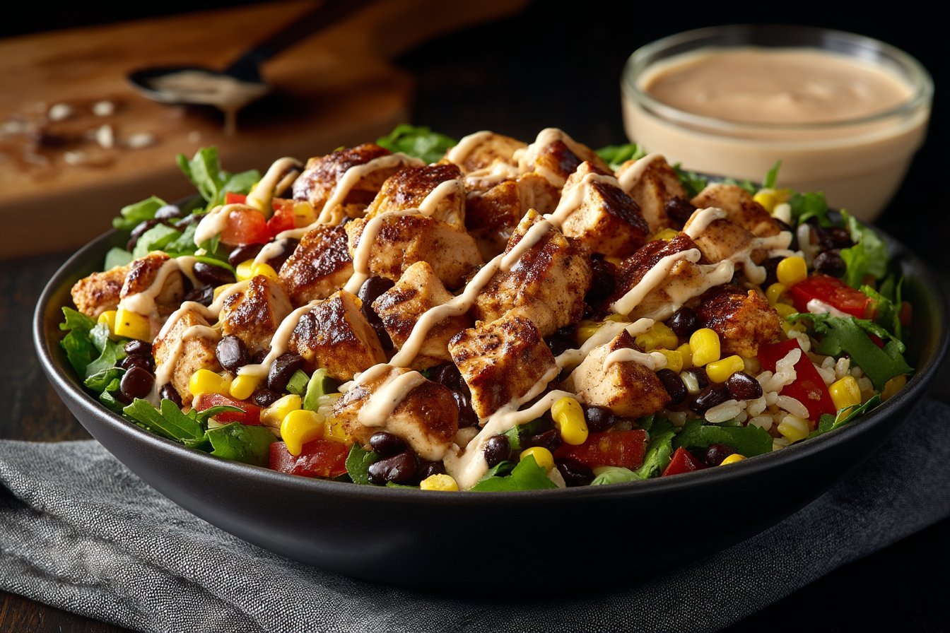 Chipotle Chicken Bowl with Black Beans, Corn, & Creamy Sauce featured