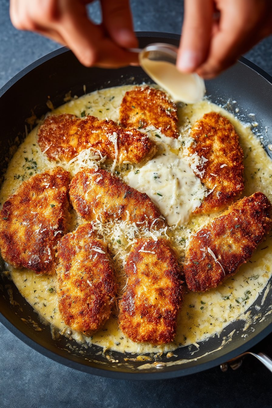 Crispy Parmesan Chicken with Garlic Cream Sauce instructions process