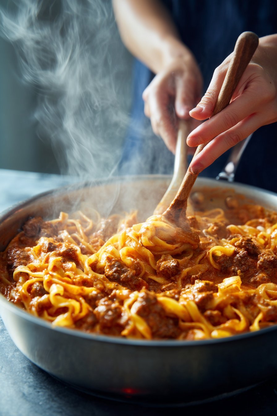 High Protein Creamy Beef Pasta instructions process