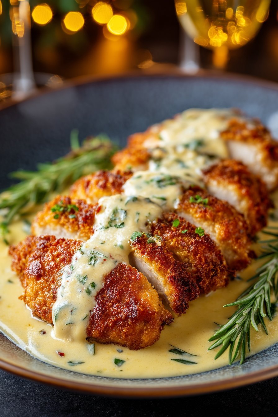 Crispy Parmesan Chicken with Garlic Cream Sauce serving