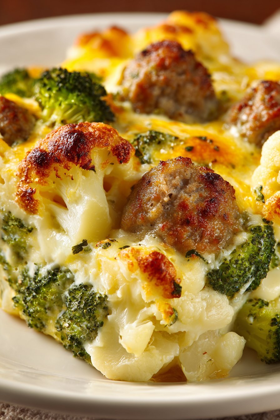 Broccoli & Cauliflower Au Gratin with Sausage serving