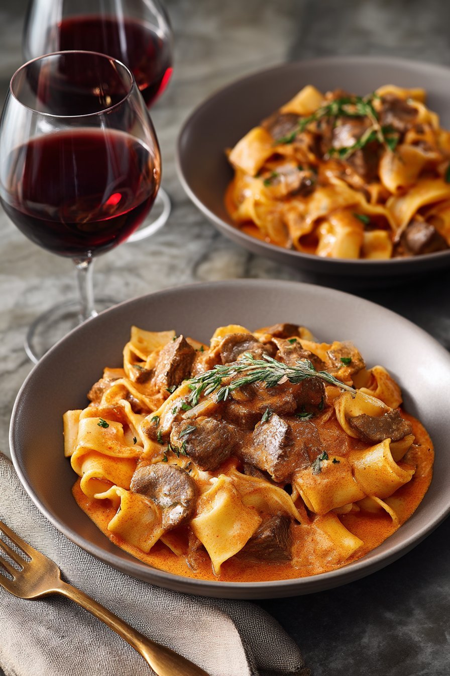 High Protein Creamy Beef Pasta serving