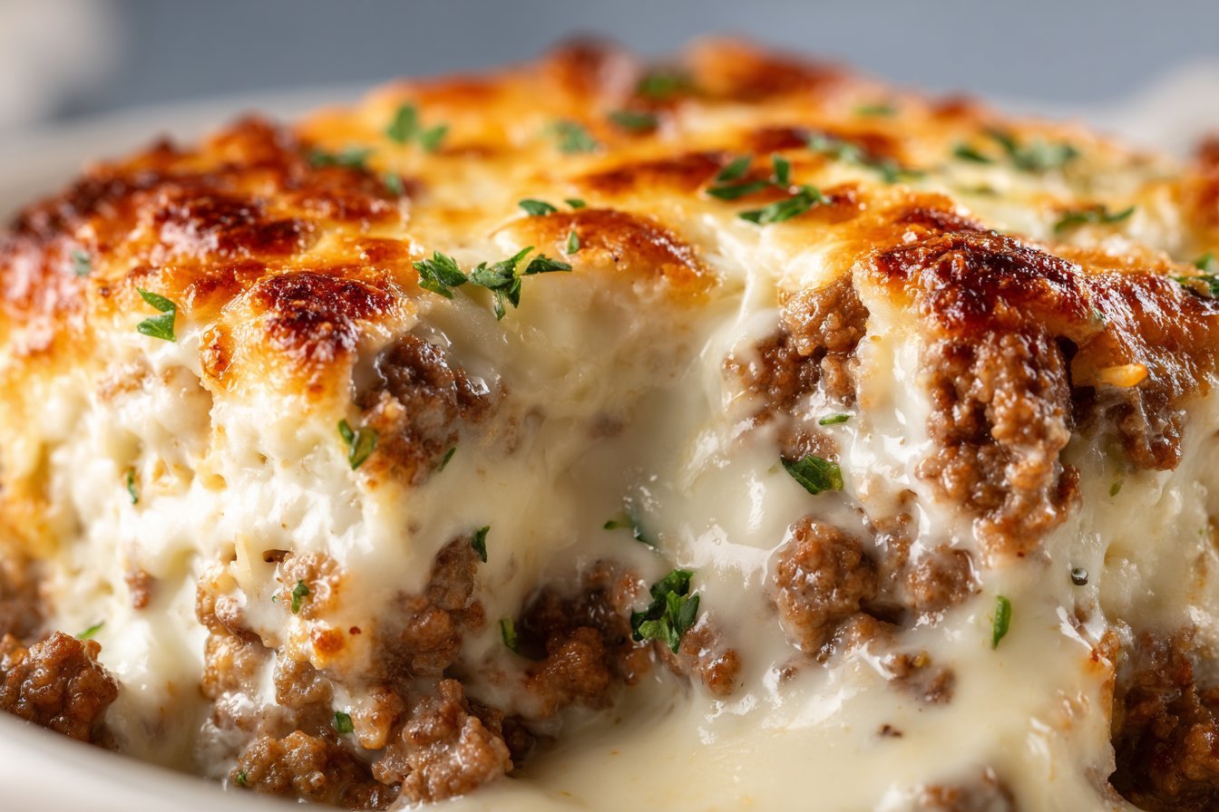 Creamy Garlic Ground Beef Casserole featured
