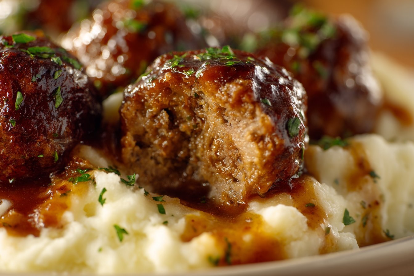 Salisbury Steak Meatballs with Garlic Herb Mashed Potatoes featured