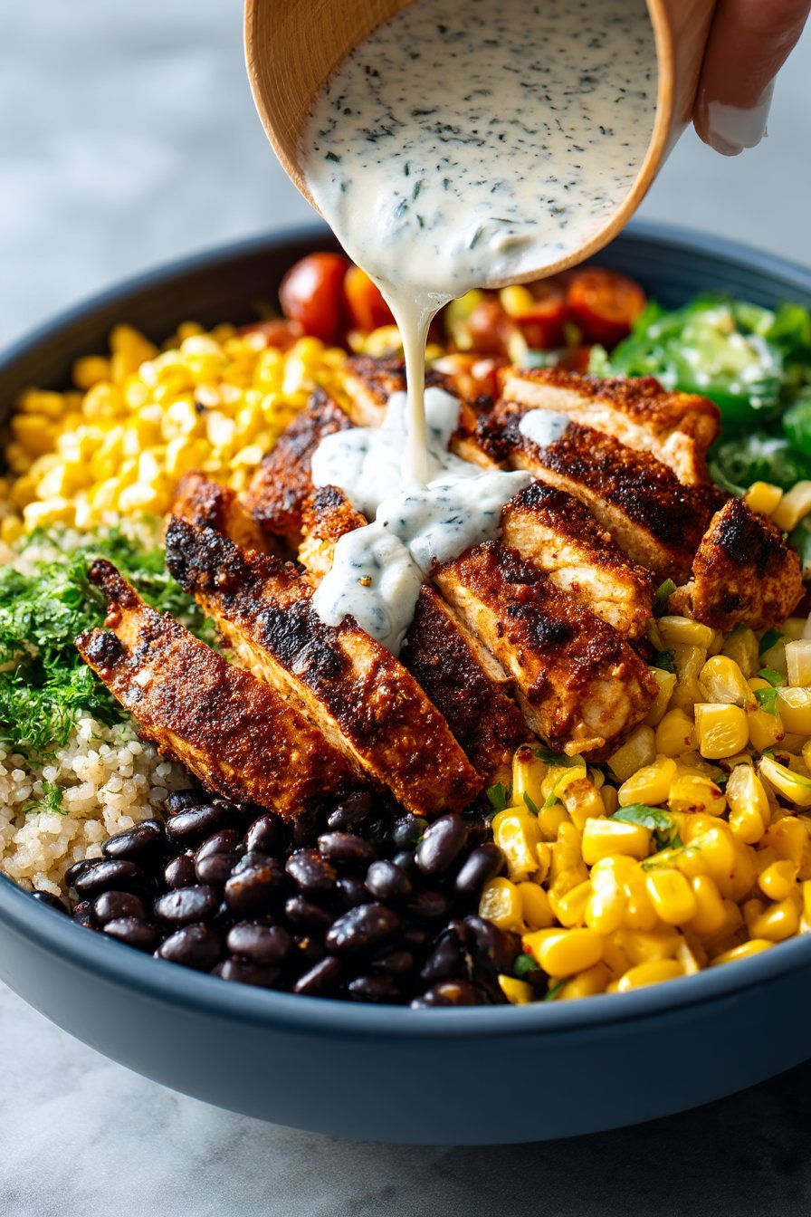 Chipotle Chicken Bowl with Black Beans, Corn, & Creamy Sauce instructions process