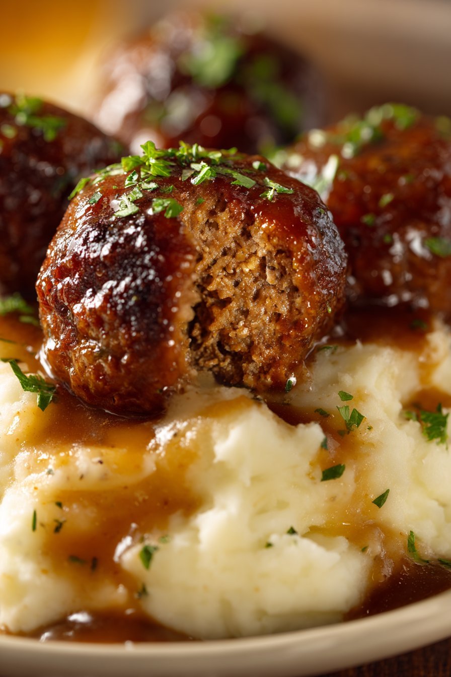 Salisbury Steak Meatballs with Garlic Herb Mashed Potatoes serving