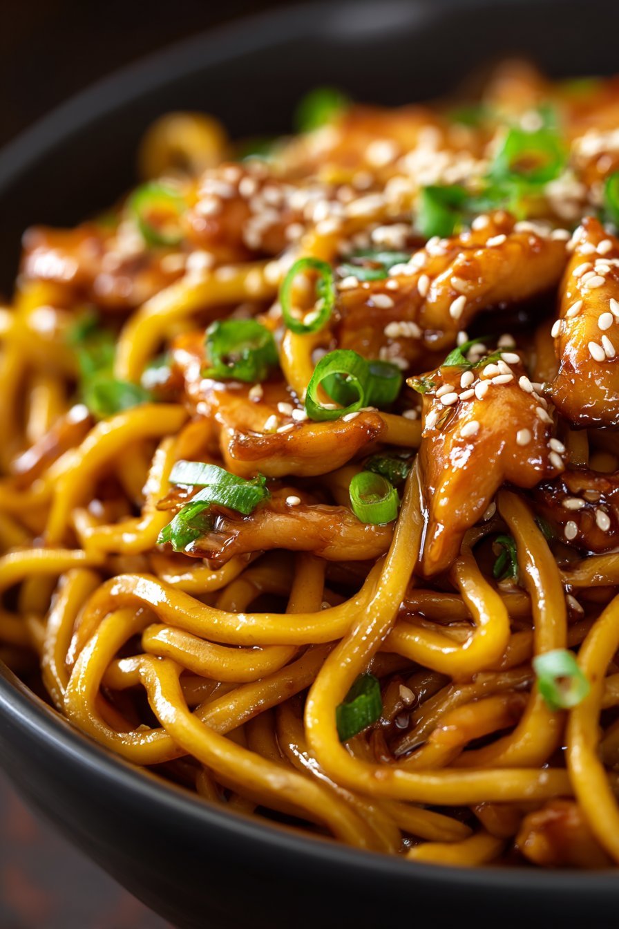 Sticky Garlic Chicken Noodles serving