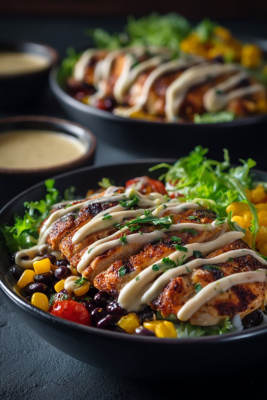 Chipotle Chicken Bowl with Black Beans, Corn, & Creamy Sauce serving