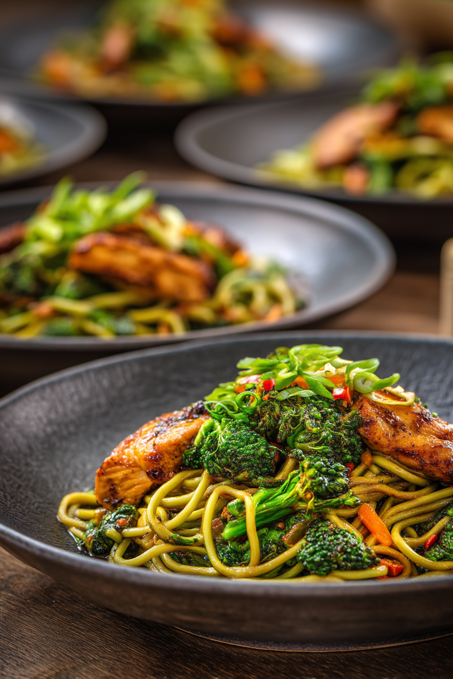 Spicy Garlic Chicken and Broccoli Noodle Bowls Delight You! serving
