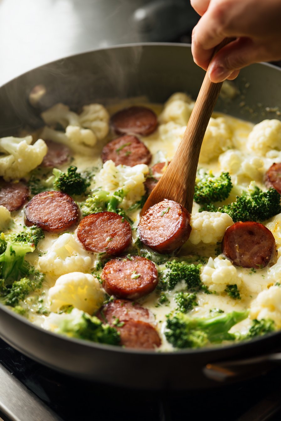 Broccoli & Cauliflower Au Gratin with Sausage instructions process