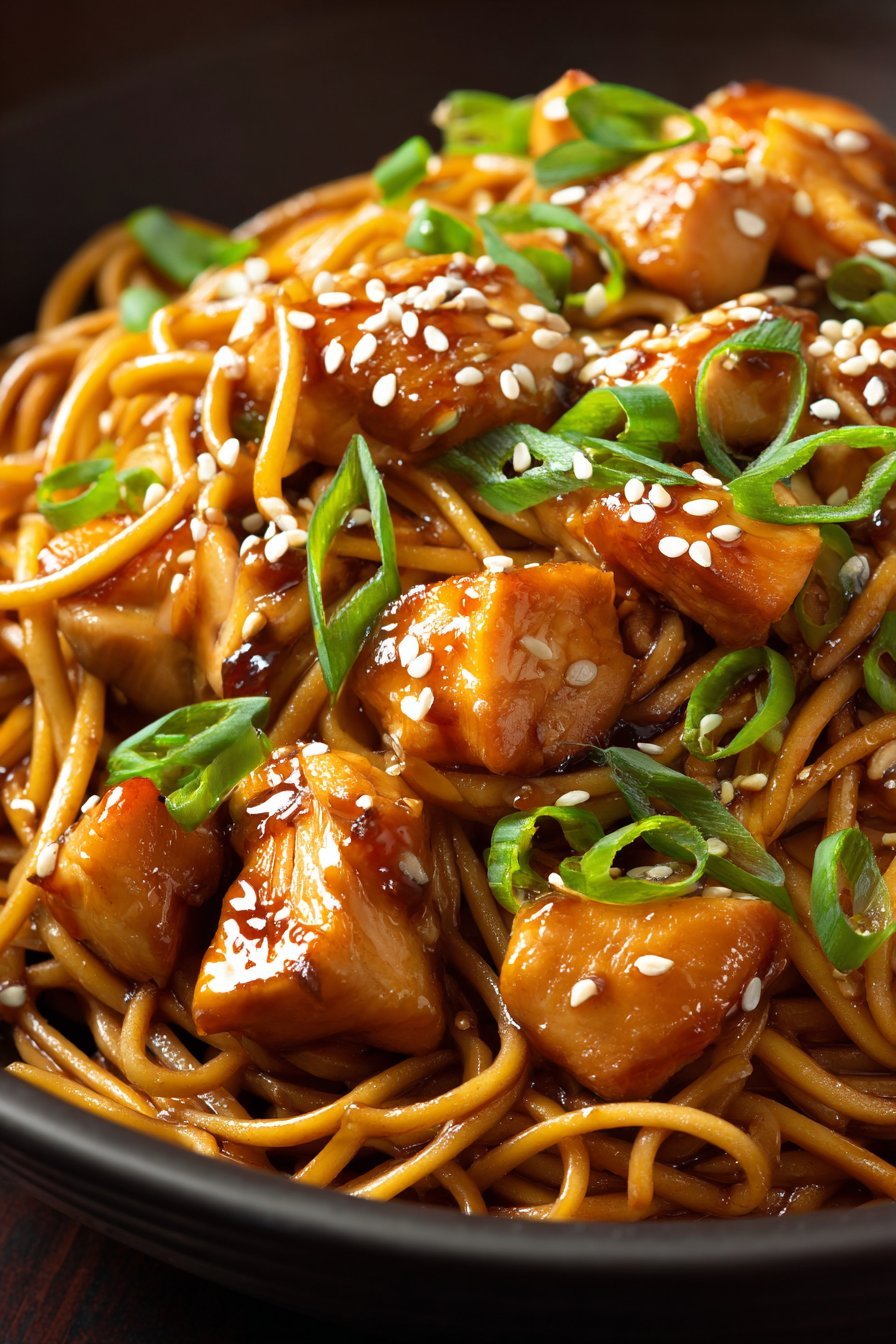 Sticky Garlic Chicken Noodles serving