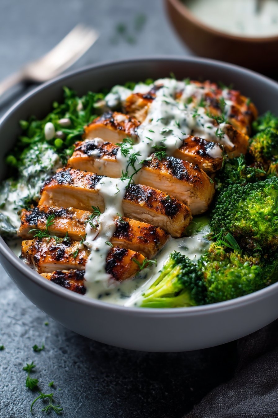 How to Make Grilled Chicken u0026amp; Broccoli Bowls with Creamy Garlic Sauce serving