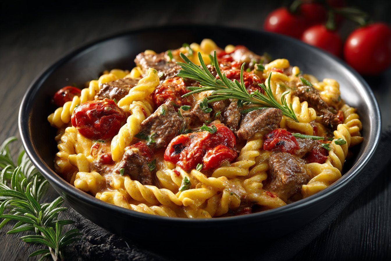 High Protein Creamy Beef Pasta recipe card