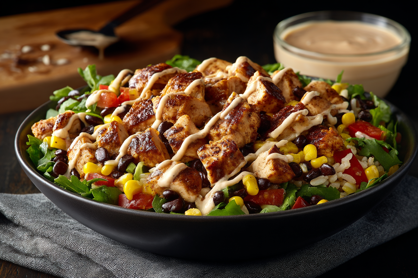 Chipotle Chicken Bowl with Black Beans, Corn, & Creamy Sauce recipe card