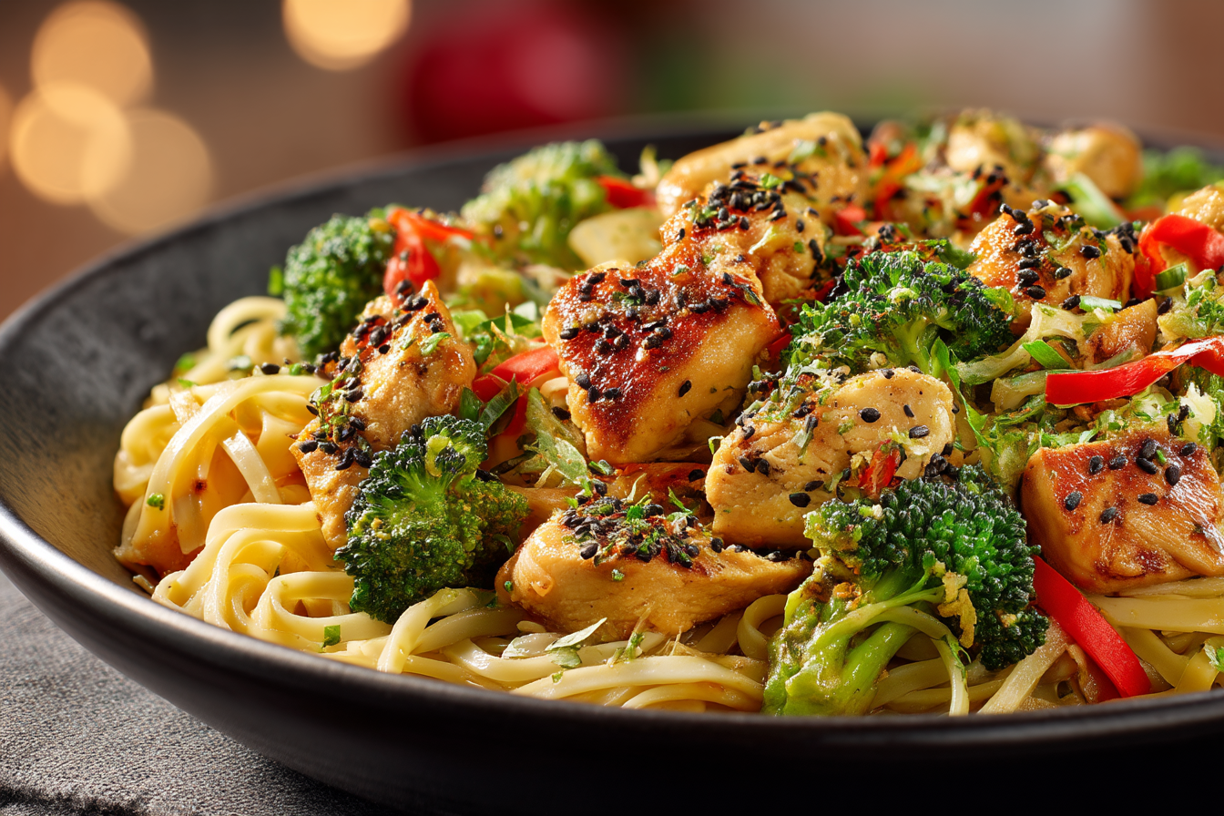 Spicy Garlic Chicken and Broccoli Noodle Bowls Delight You! recipe card
