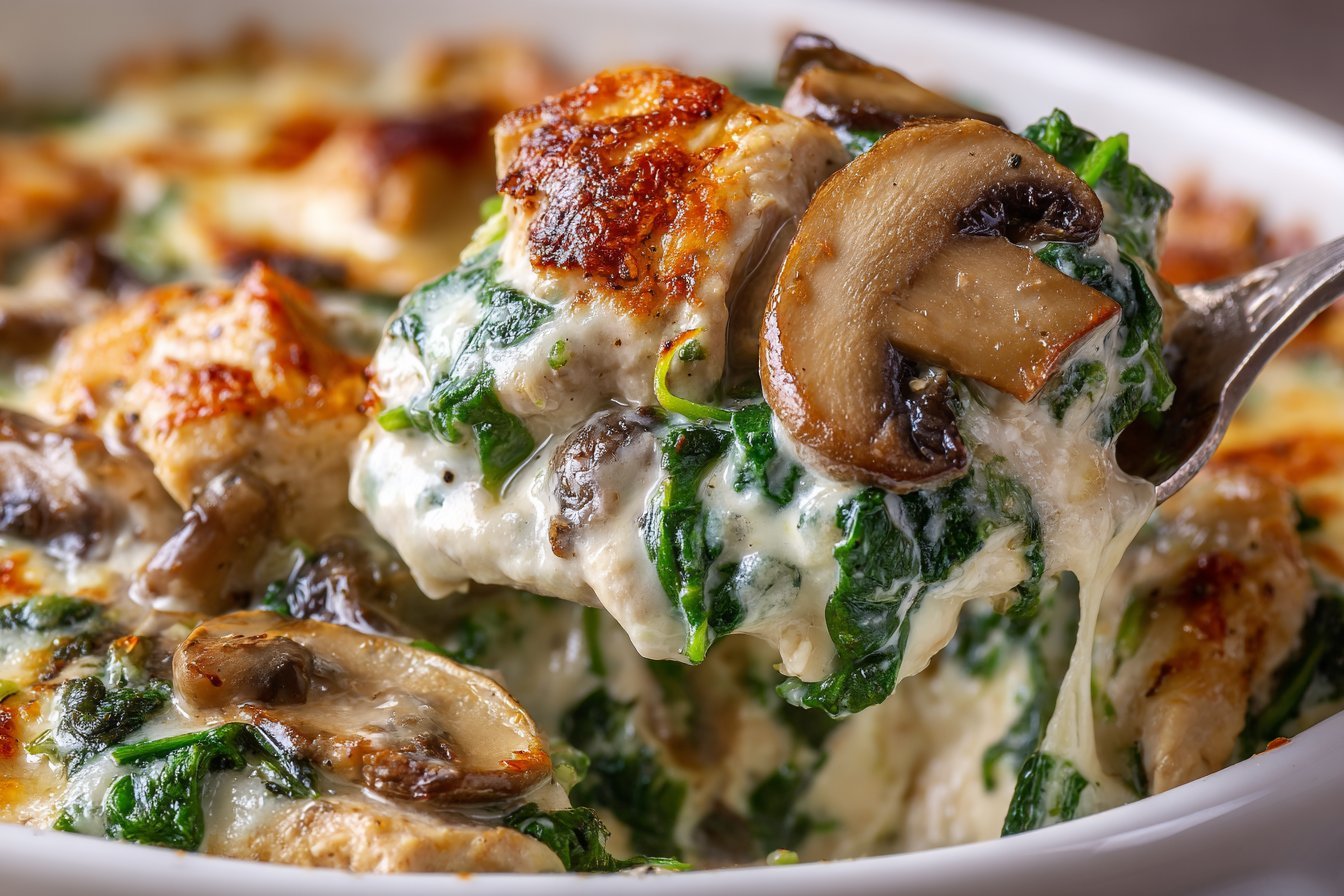 Chicken Spinach Mushroom Bake recipe card