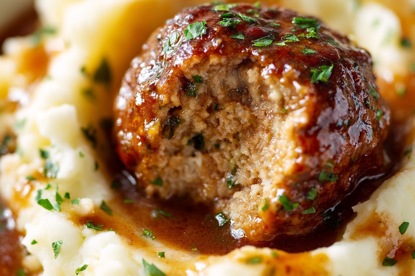 Salisbury Steak Meatballs with Garlic Herb Mashed Potatoes recipe card