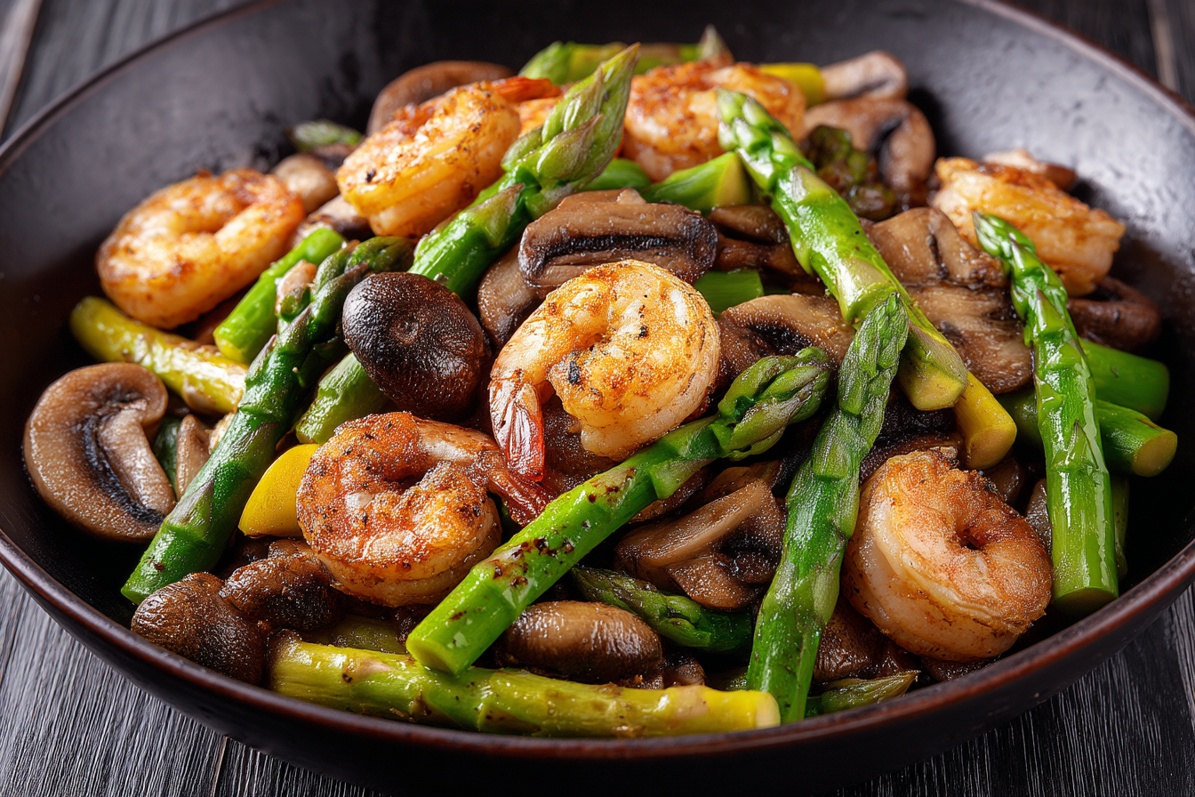 Shrimp and Asparagus Stir-Fry with Mushrooms recipe card
