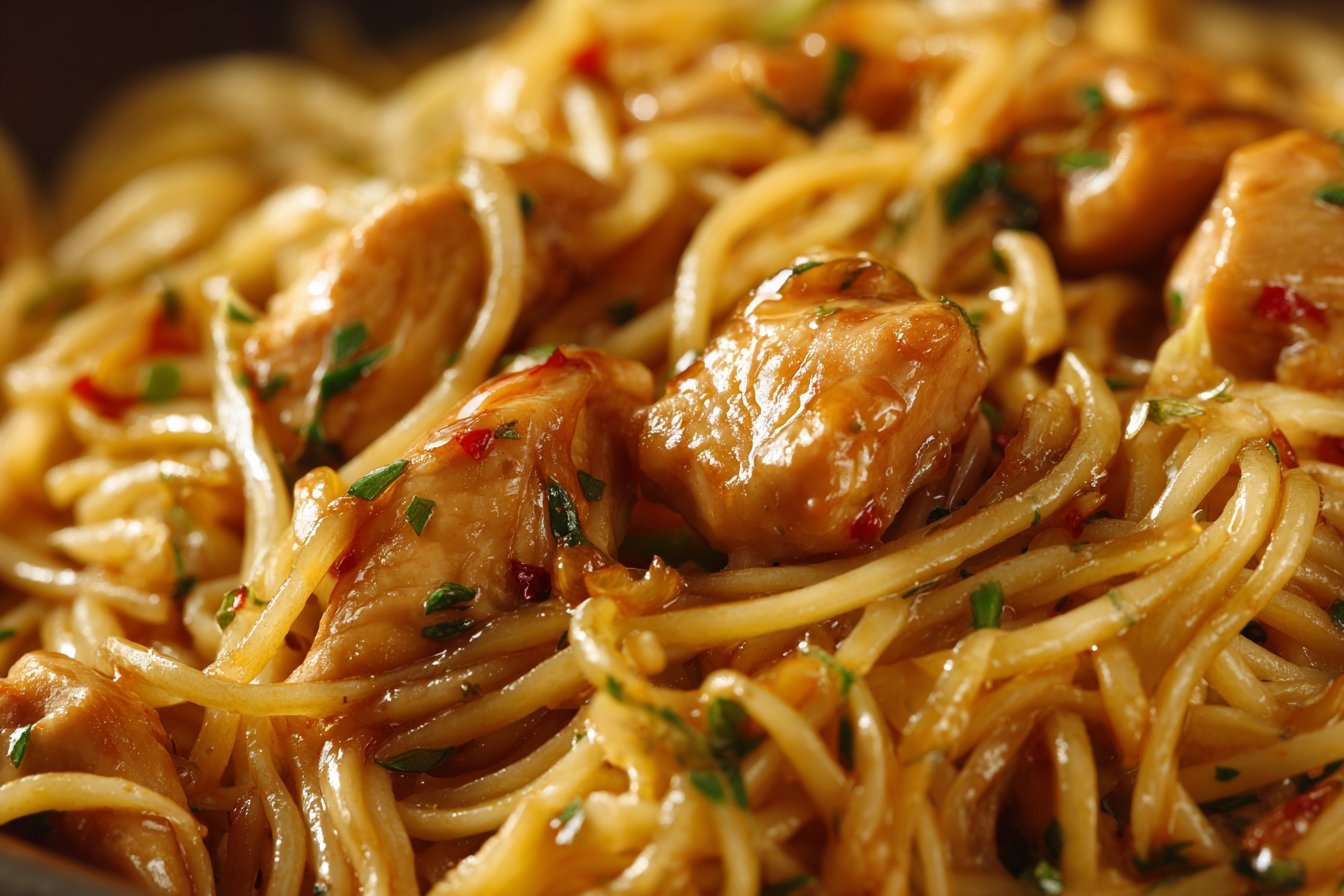 Sticky Garlic Chicken Noodles recipe card