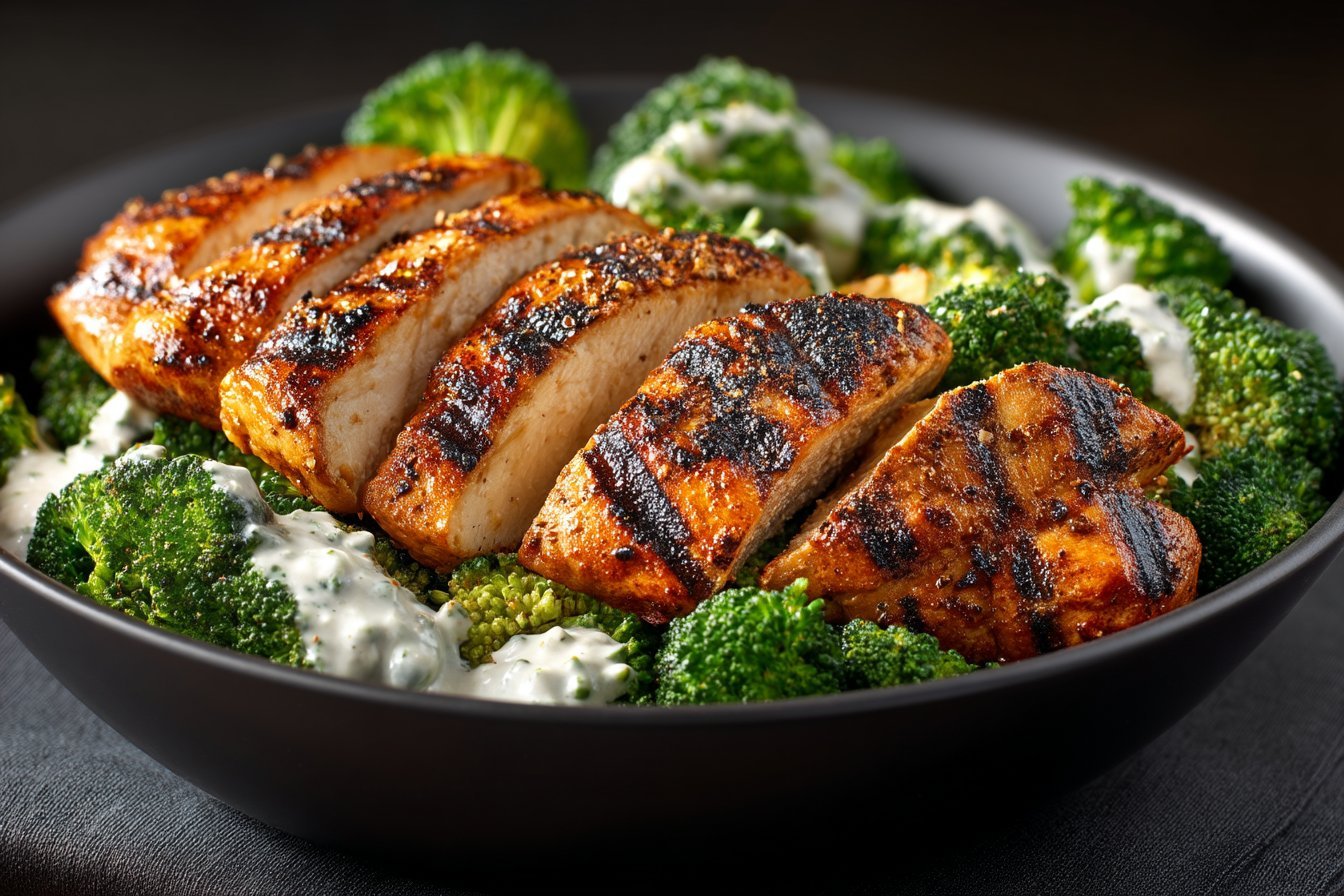 How to Make Grilled Chicken u0026amp; Broccoli Bowls with Creamy Garlic Sauce recipe card