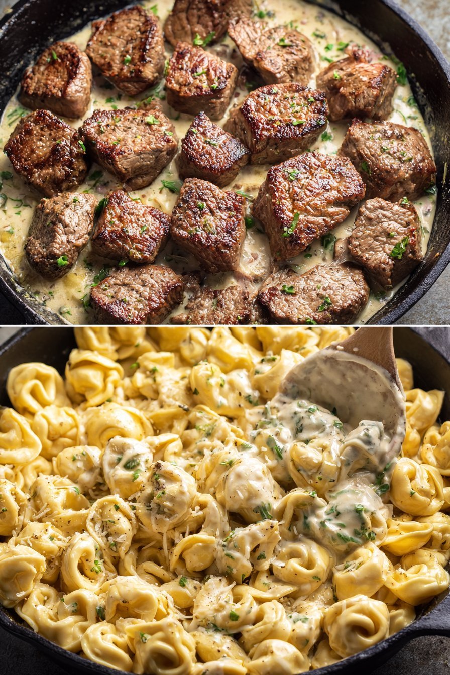 Garlic Steak & Cheese-Filled Tortellini Skillet Bliss instructions process