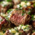 Tender Steak Bites in Garlic Butter with Creamy Parmesan Sauce featured