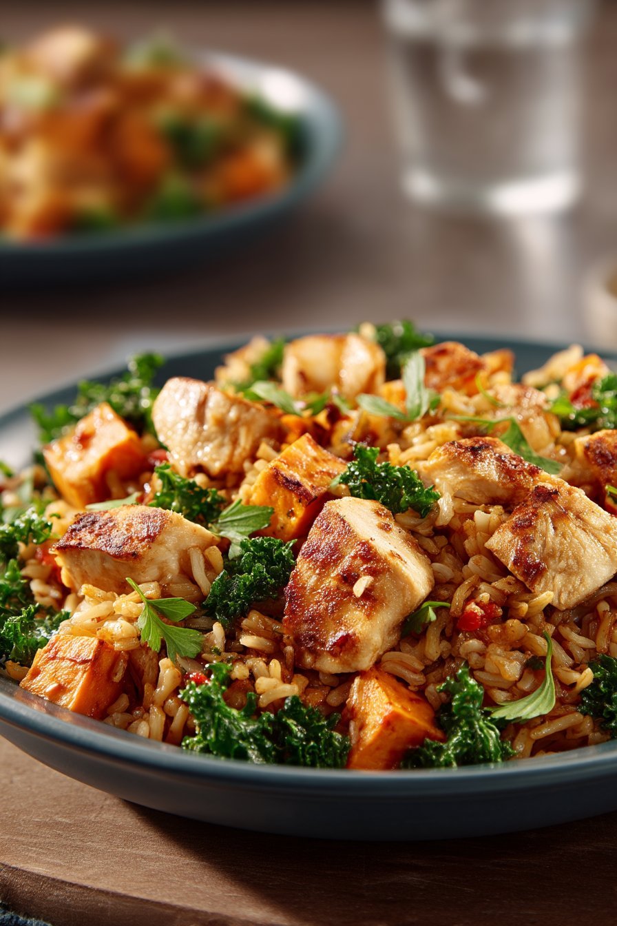 Healthy Chicken & Sweet Potato Rice Bowl serving