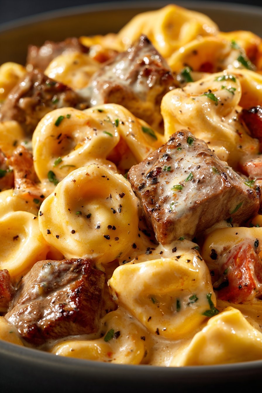 Garlic Steak & Cheese-Filled Tortellini Skillet Bliss serving