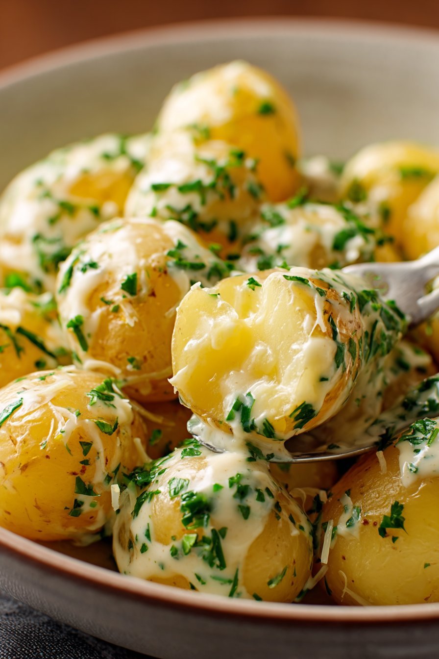 Creamy Garlic Sauce Baby Potatoes serving