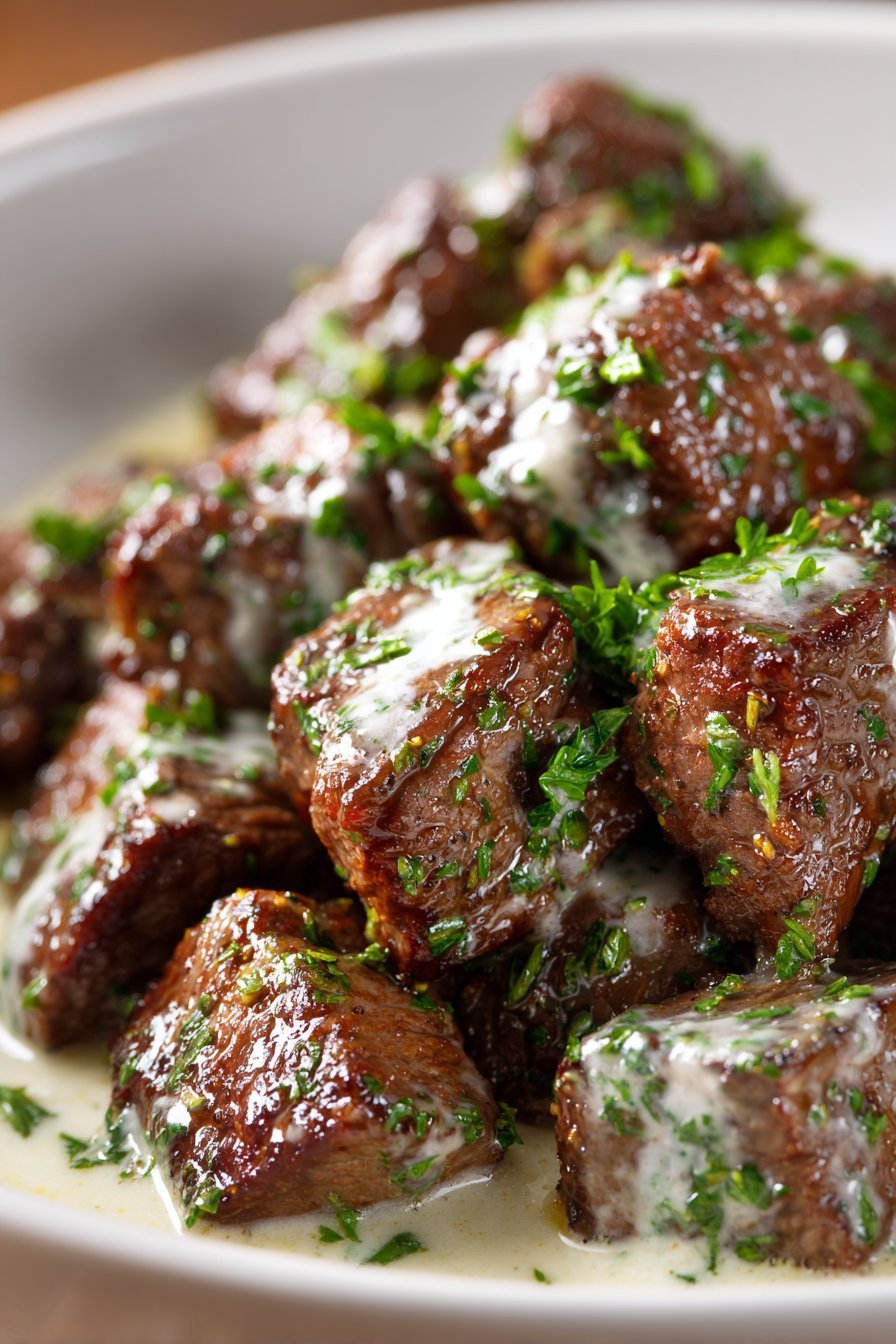 Tender Steak Bites in Garlic Butter with Creamy Parmesan Sauce serving