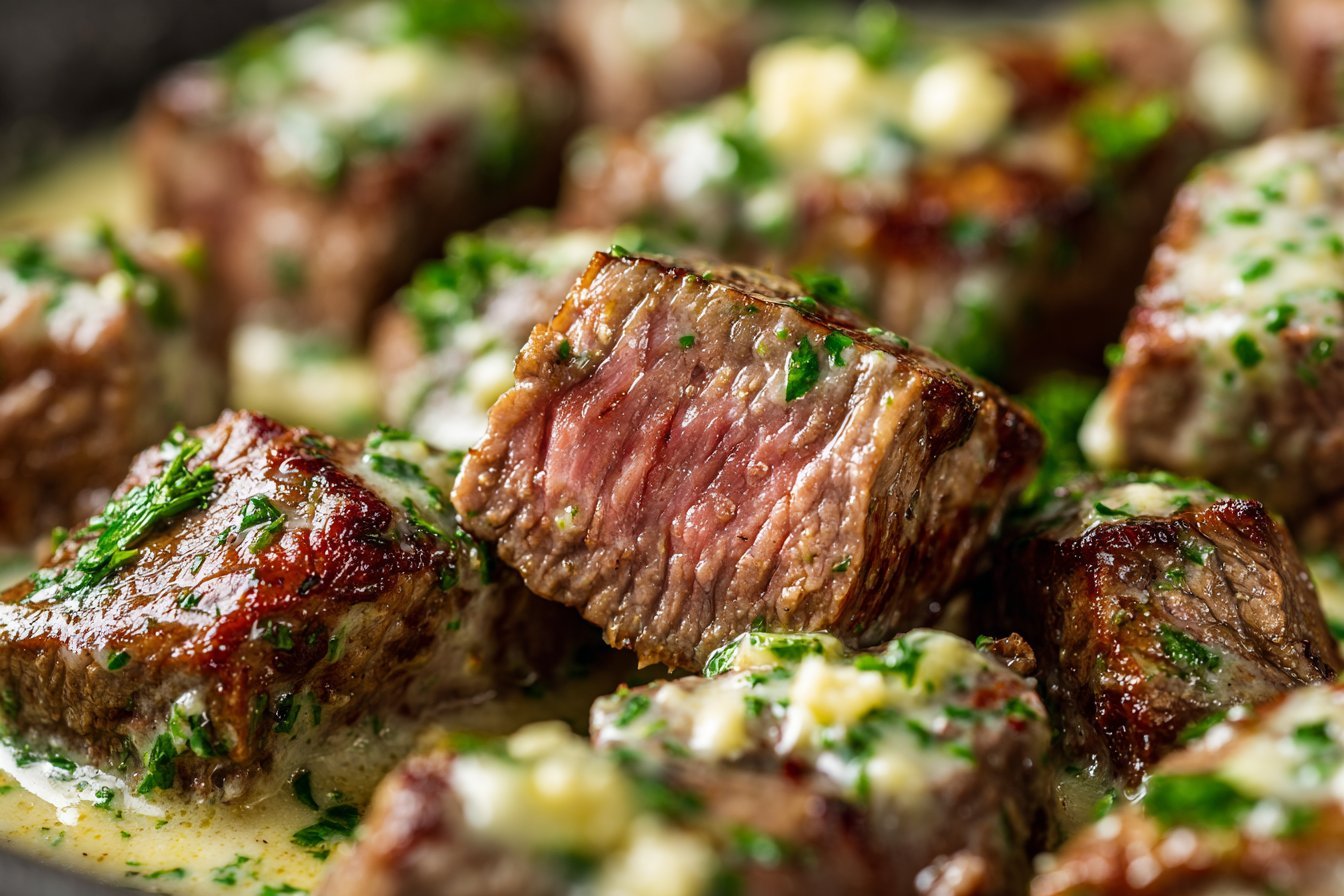Tender Steak Bites in Garlic Butter with Creamy Parmesan Sauce featured